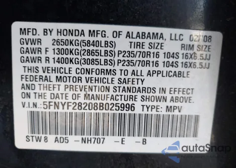 2008 Honda Pilot Vp z USA, uszkodzony, nr VIN 5FNYF28208B025996